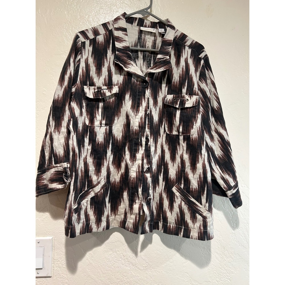 Chicos 100 Linen Ikat Print Shirt Jacket Brown Black Cream Womens Size 3 Large